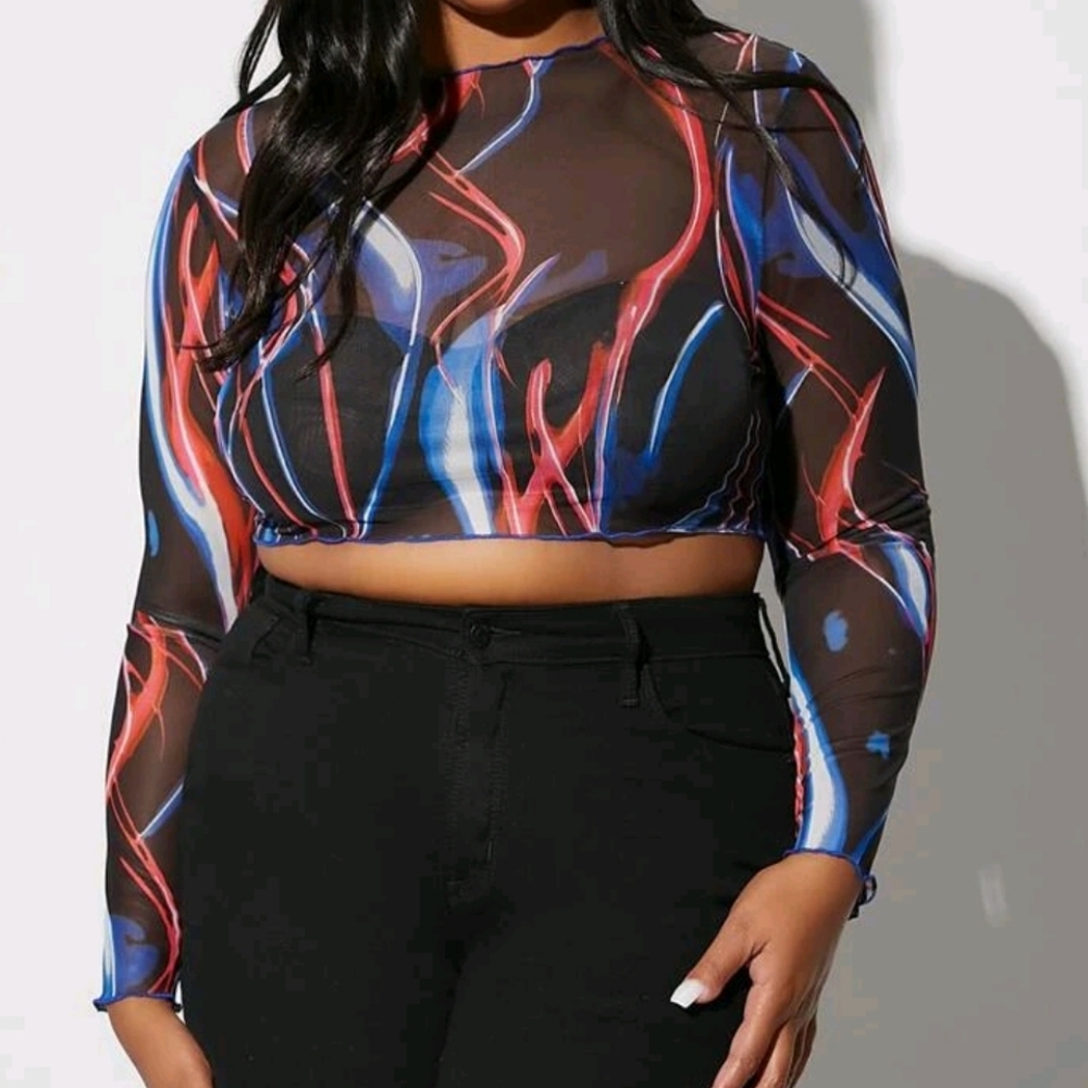 Shein SXY Line Print Crop Mesh Top